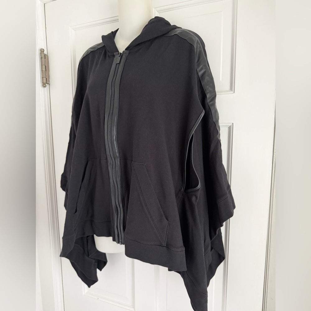 NWT, BEBE, Black Faux-Leather Trim, Full-Zip Hooded Poncho Jacket - XS/S